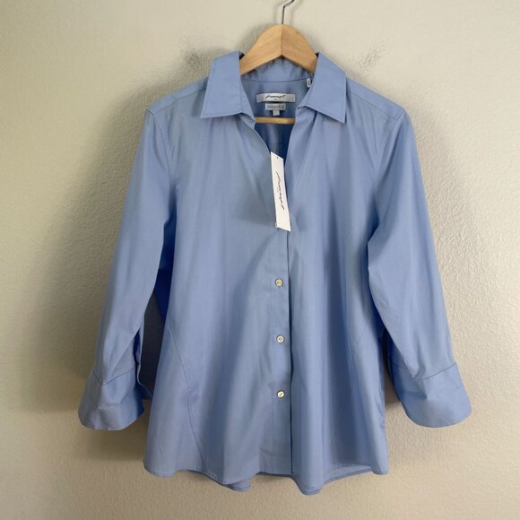 NEW Foxcroft NYC Womens Large Non Iron Stretch Blue Button Up Shirt Blouse Top - Picture 6 of 8